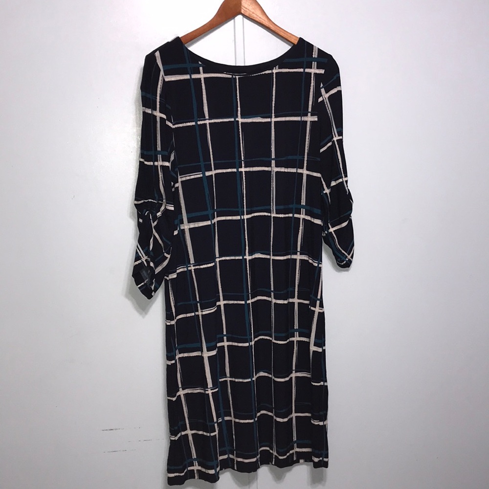 * Beautiful Deep Blue Dress with Turquoise & White Plaid Style Stripes *